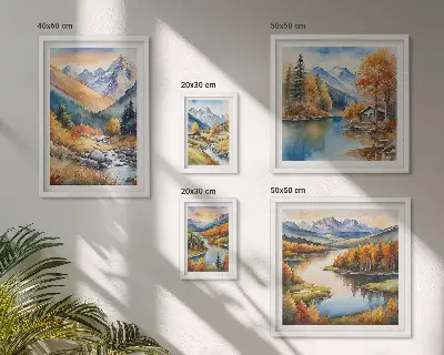 Conjunto de 5 quadros com moldura de montanhas de outono com rios e casas