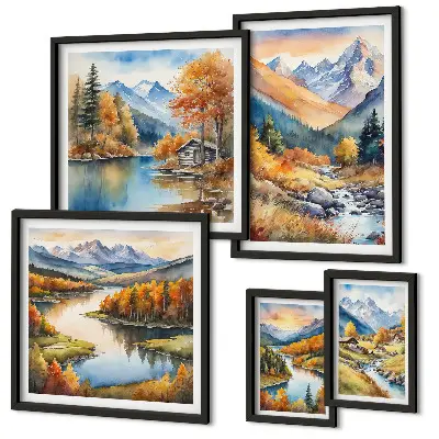 Conjunto de 5 quadros com moldura de montanhas de outono com rios e casas
