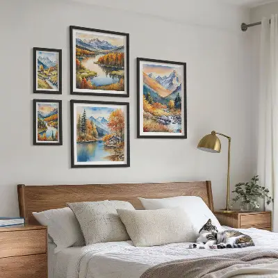 Conjunto de 5 quadros com moldura de montanhas de outono com rios e casas