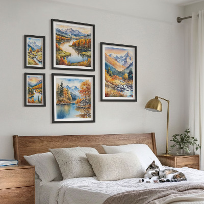 Conjunto de 5 quadros com moldura montanhas de outono rios casas