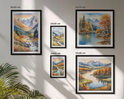 Conjunto de 5 quadros com moldura de montanhas de outono com rios e casas