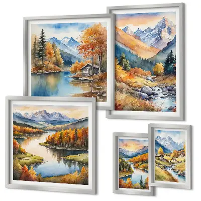 Conjunto de 5 quadros com moldura de montanhas de outono com rios e casas