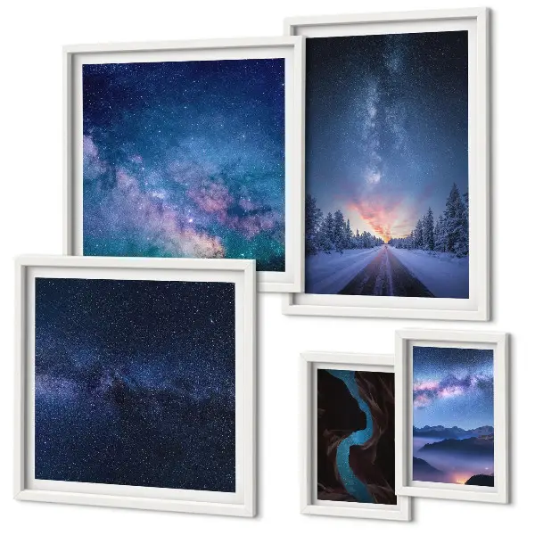 Conjunto de 5 quadros decorativos com paisagens noturnas cósmicas