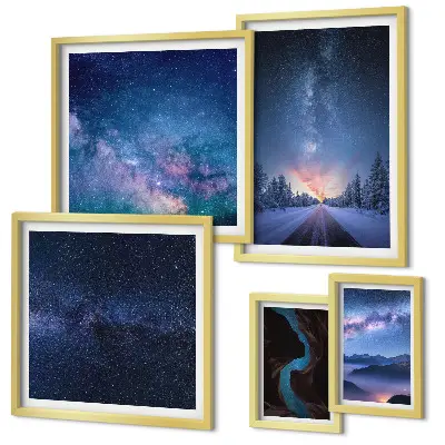 Conjunto de 5 quadros decorativos com paisagens noturnas cósmicas