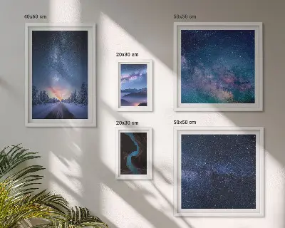 Conjunto de 5 quadros decorativos com paisagens noturnas cósmicas