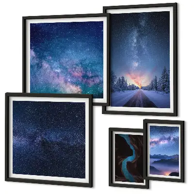 Conjunto de 5 quadros decorativos com paisagens noturnas cósmicas