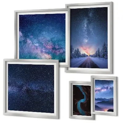 Conjunto de 5 quadros decorativos com paisagens noturnas cósmicas