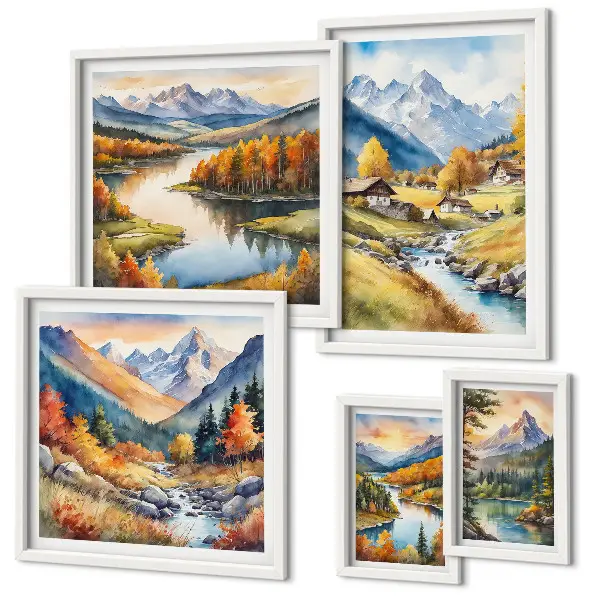 Galeria de parede com paisagens de montanhas, rios e florestas