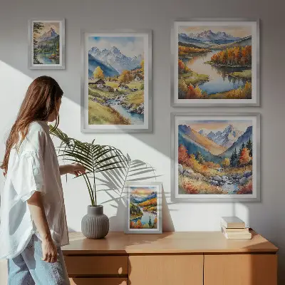 Galeria de parede com paisagens de montanhas, rios e florestas
