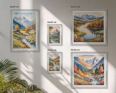 Galeria de parede com paisagens de montanhas, rios e florestas