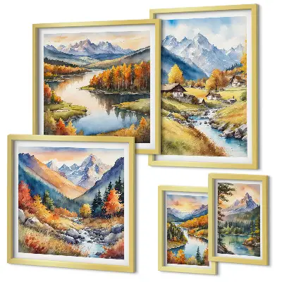 Galeria de parede com paisagens de montanhas, rios e florestas
