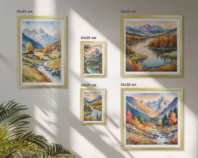 Galeria de parede com paisagens de montanhas, rios e florestas