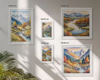Galeria de parede com paisagens de montanhas, rios e florestas