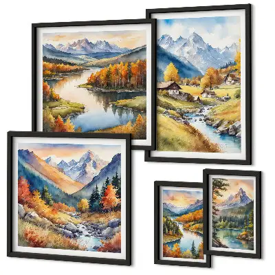 Galeria de parede com paisagens de montanhas, rios e florestas