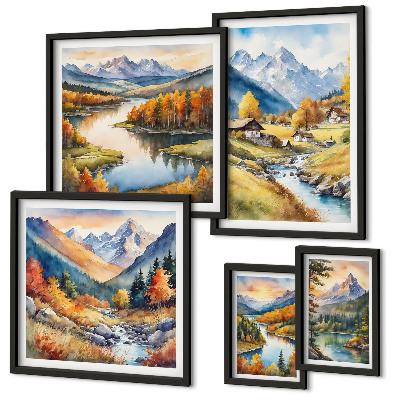 Galeria de parede Paisagens de montanhas, rios e florestas.