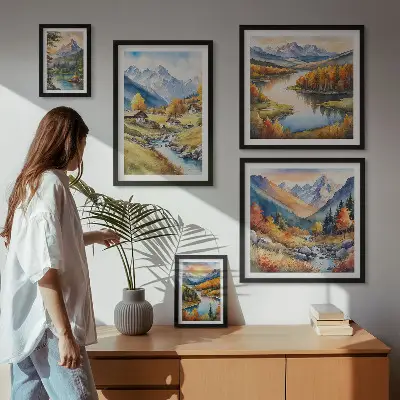 Galeria de parede com paisagens de montanhas, rios e florestas