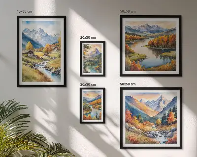 Galeria de parede com paisagens de montanhas, rios e florestas