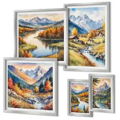Galeria de parede com paisagens de montanhas, rios e florestas