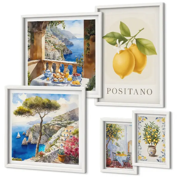 Conjunto de 5 quadros com moldura com temática de toques cítricos em estilo mediterrâneo
