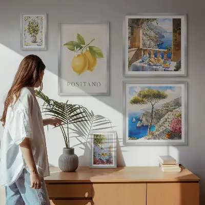 Conjunto de 5 quadros com moldura com temática de toques cítricos em estilo mediterrâneo