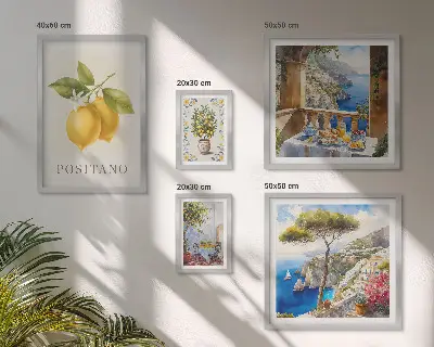 Conjunto de 5 quadros com moldura com temática de toques cítricos em estilo mediterrâneo