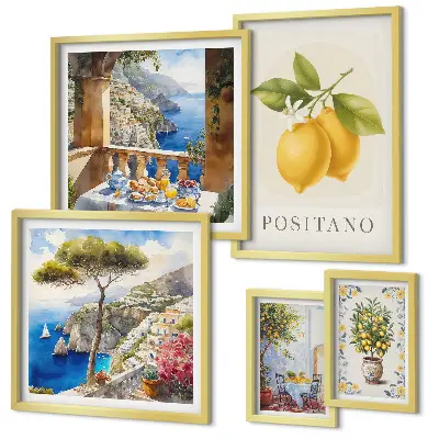 Conjunto de 5 quadros com moldura com temática de toques cítricos em estilo mediterrâneo