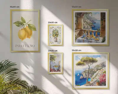Conjunto de 5 quadros com moldura com temática de toques cítricos em estilo mediterrâneo