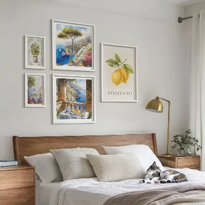 Conjunto de 5 quadros com moldura com temática de toques cítricos em estilo mediterrâneo