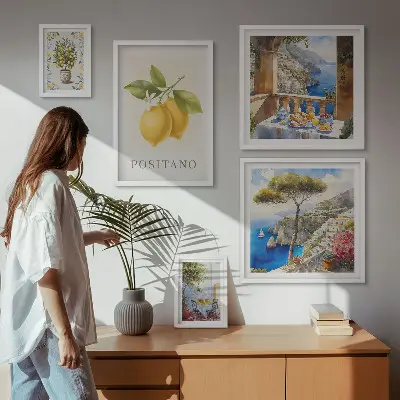 Conjunto de 5 quadros com moldura com temática de toques cítricos em estilo mediterrâneo
