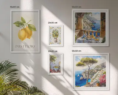 Conjunto de 5 quadros com moldura com temática de toques cítricos em estilo mediterrâneo