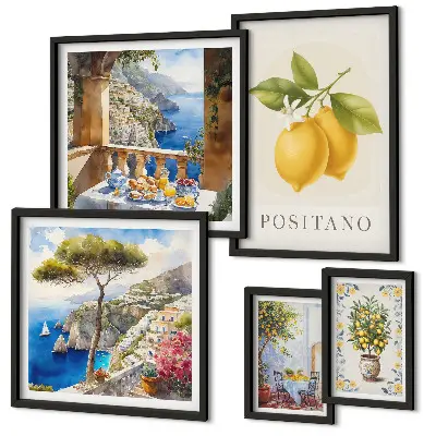 Conjunto de 5 quadros com moldura com temática de toques cítricos em estilo mediterrâneo
