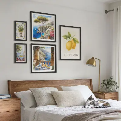 Conjunto de 5 quadros com moldura com temática de toques cítricos em estilo mediterrâneo