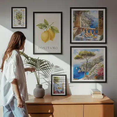Conjunto de 5 quadros com moldura com temática de toques cítricos em estilo mediterrâneo