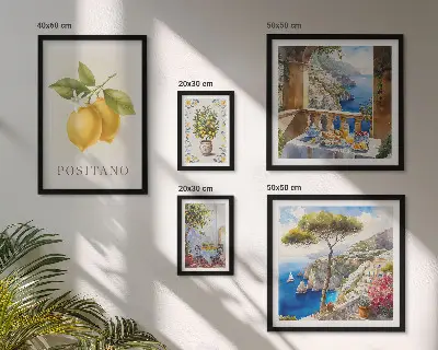 Conjunto de 5 quadros com moldura com temática de toques cítricos em estilo mediterrâneo