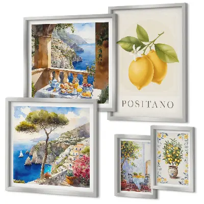 Conjunto de 5 quadros com moldura com temática de toques cítricos em estilo mediterrâneo