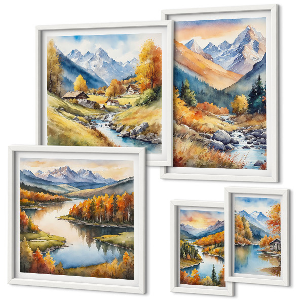 Conjunto de 5 quadros decorativos Paisagens de montanha no outono
