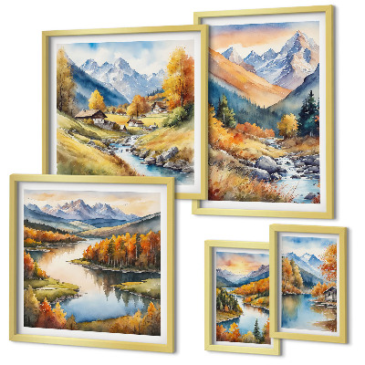 Conjunto de 5 quadros decorativos Paisagens de montanha no outono