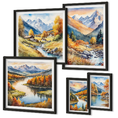 Conjunto de 5 quadros decorativos Paisagens de montanha no outono