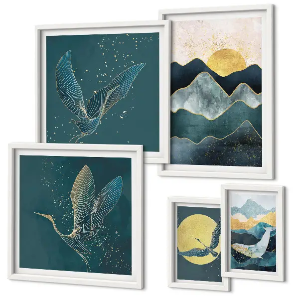 Galeria de quadros para parede com montanhas, pássaros e sol elegantes
