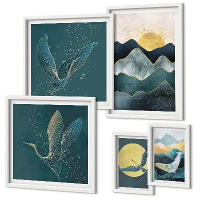 Galeria de quadros para parede com montanhas, pássaros e sol elegantes