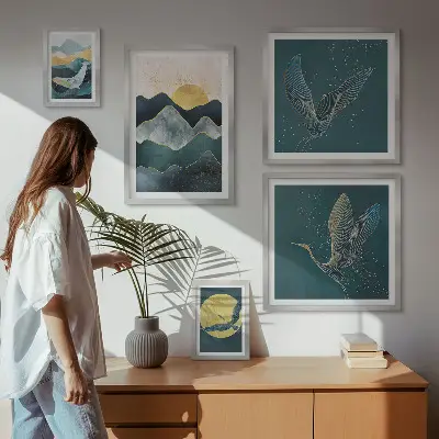 Galeria de quadros para parede com montanhas, pássaros e sol elegantes