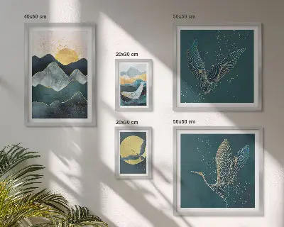 Galeria de quadros para parede com montanhas, pássaros e sol elegantes