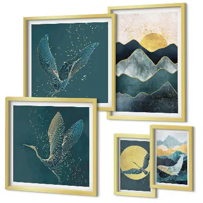 Galeria de quadros para parede com montanhas, pássaros e sol elegantes