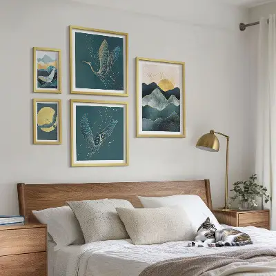 Galeria de quadros para parede com montanhas, pássaros e sol elegantes