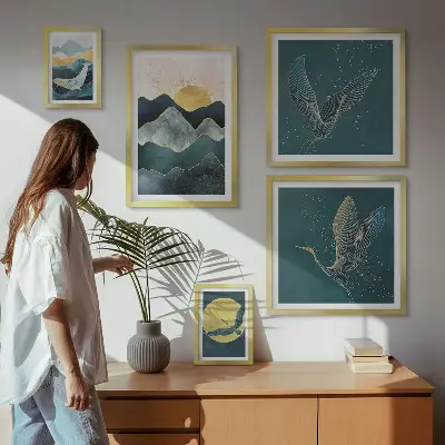 Galeria de quadros para parede com montanhas, pássaros e sol elegantes