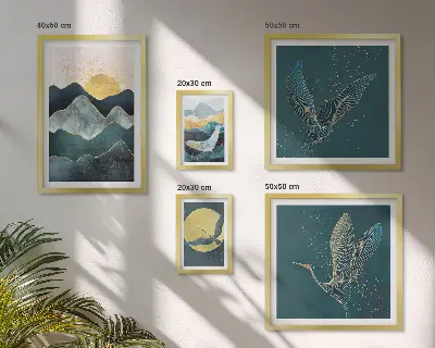 Galeria de quadros para parede com montanhas, pássaros e sol elegantes