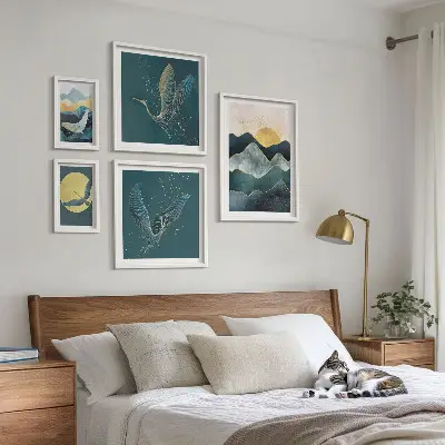 Galeria de quadros para parede com montanhas, pássaros e sol elegantes