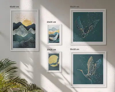 Galeria de quadros para parede com montanhas, pássaros e sol elegantes