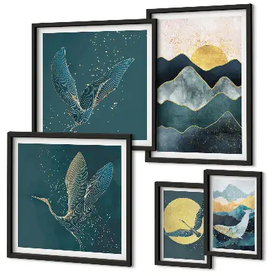 Galeria de quadros para parede com montanhas, pássaros e sol elegantes