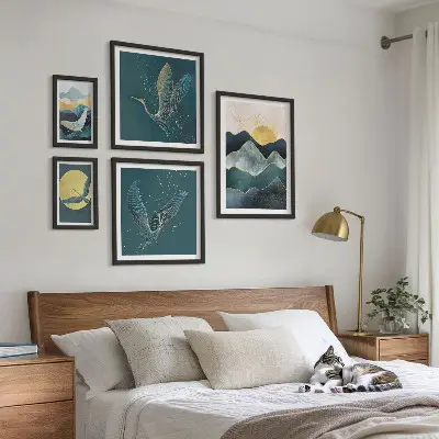 Galeria de quadros para parede com montanhas, pássaros e sol elegantes